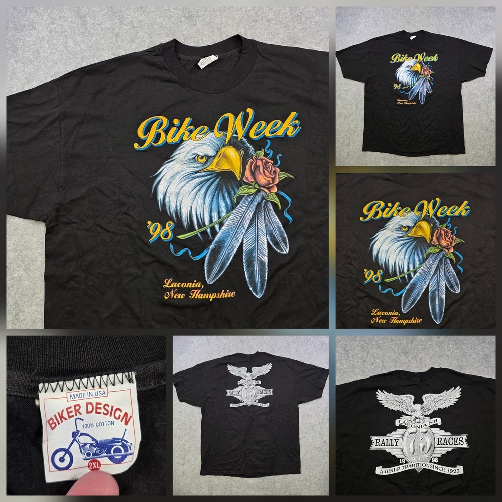 Vintage Biker Design Bike Week T‎ Shirt Mens 2XL Black Laconia NH 1998 Eagle Tee